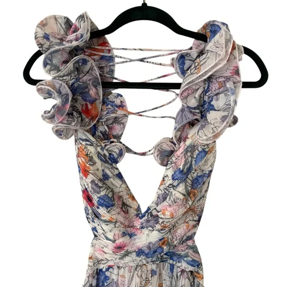 NWT Sunfere Floral Cut Out Maxi Dress Size Medium Lace Up Back Ruffles Flowy - Picture 4 of 14